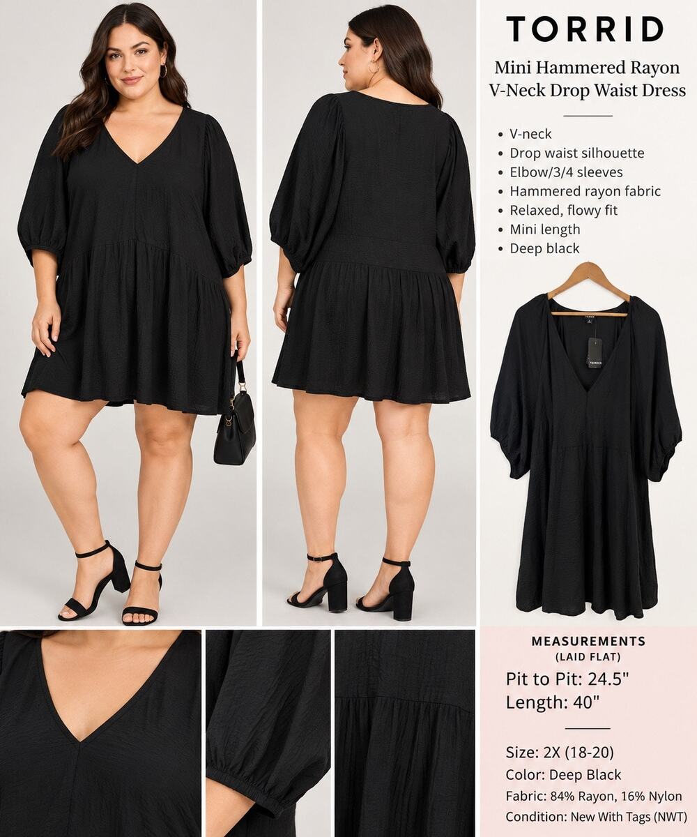 NWT Torrid Mini Hammered Rayon V Neck Drop Waist Dress Black Size 2X 18-20